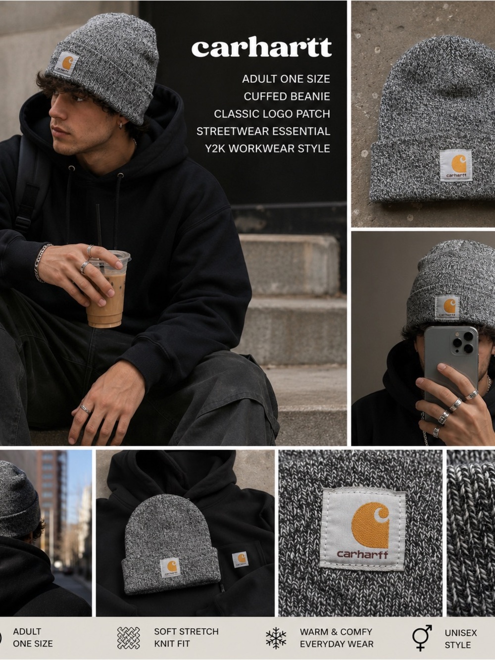 Carhartt Beanie Adult One Size Gray Marled Knit Cuffed Logo Patch Workwear Hat